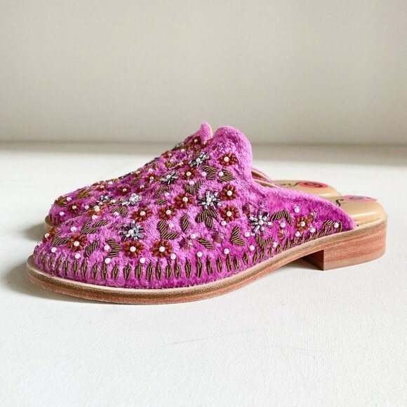 Free People Cosmic Pink Magenta Dancing Queen Velvet  Beaded Loafer Mules… - Picture 10 of 11